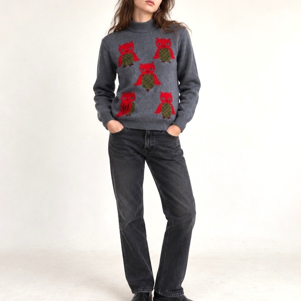 VTG 90s Bill Nord Wool Owl Turtleneck Sweater Gray Red Art Teacher S SEE DESC